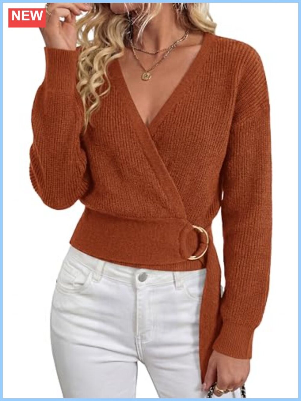 Women's V Neck Belted Wrap Sweater Long Sleeve Pullover